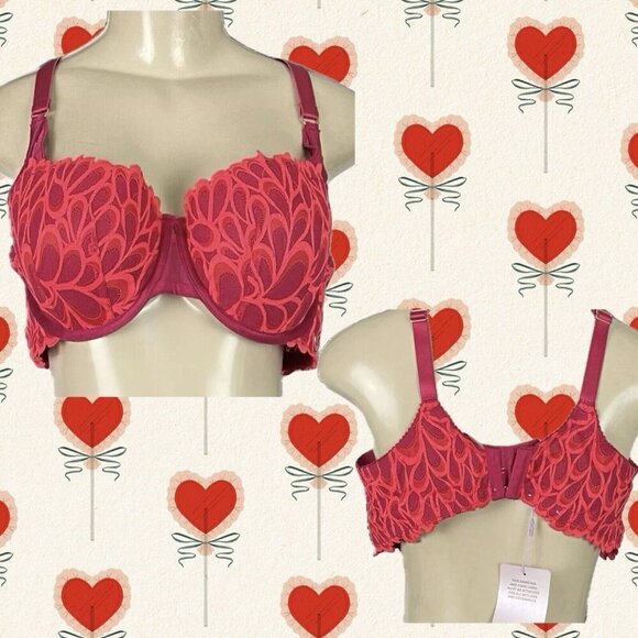 Savage X Fenty 40C Red Mesh Scallop Lace Lightly Padded Underwire Balconette Bra - Picture 1 of 5